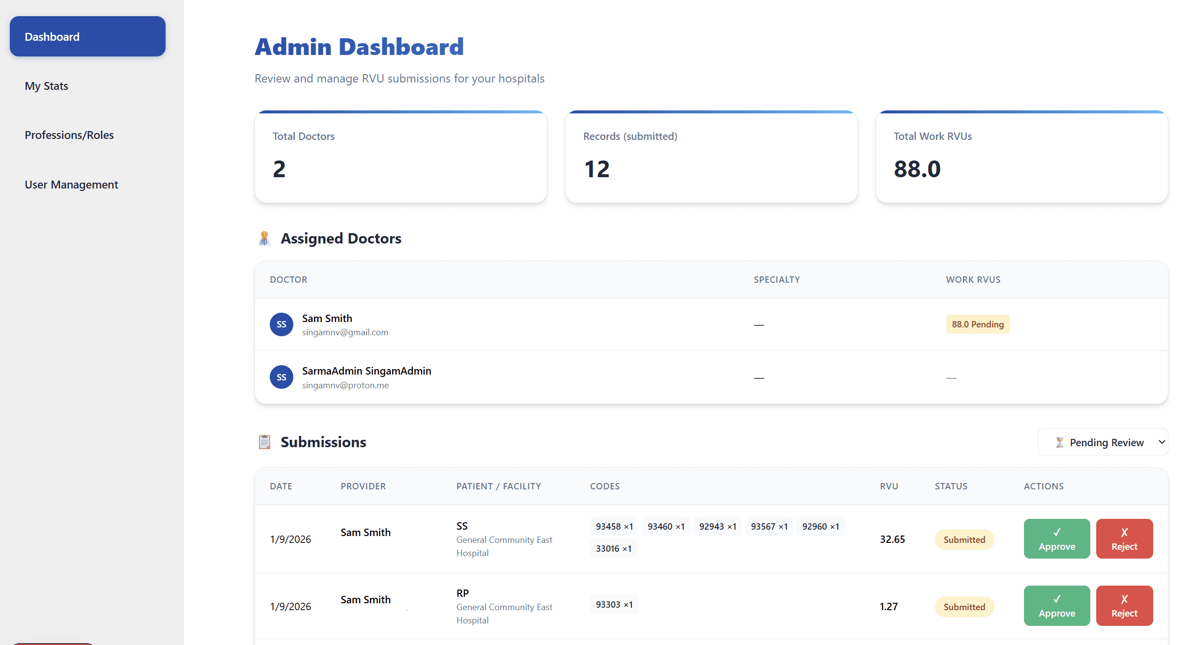 Admin portal showing billing review queue